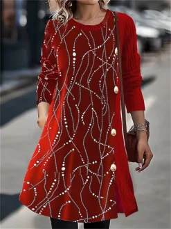 Women's Party Dress Velvet Dress Cocktail Dress Midi Dress Burgundy Long Sleeve Geometric Patchwork Spring Fall Winter Crew Neck Fashion Winter Dress Office Christmas 2023 S M L XL XXL 3XL