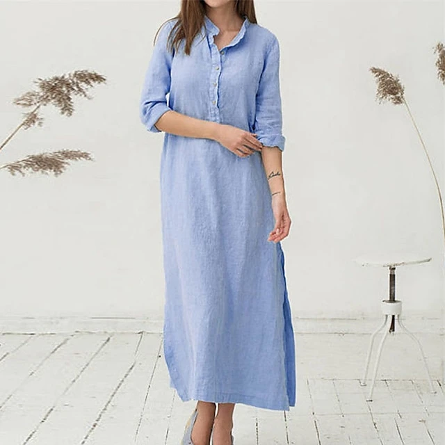 Women's Cotton Dress Pajamas Nightgown Nighty Pure Color Retro Comfort Home Daily Stand Collar Long Sleeve Button Summer Fall Spring White Blue 7 Women's Cotton Dress Pajamas Nightgown Nighty Pure Color Retro Comfort Home Daily Stand Collar Long Sleeve Button Summer Fall Spring White Blue - Image 7