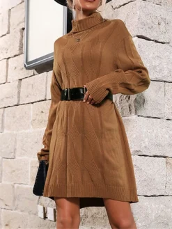 Women's Winter Dress Jumper Dress Casual Dress Mini Dress Patchwork Outdoor Street Daily Fashion Streetwear Turtleneck Long Sleeve 2023 Loose Fit Camel Color S M L Size