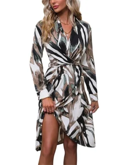 Women's Work Dress Casual Dress Swing Dress Fashion Office Daily Workfashion Midi Dress Lace Up Split V Neck Long Sleeve Print Regular Fit Brown Fall Winter S M L XL -Party Prom Dresses Sales Store umigbn1695105051827