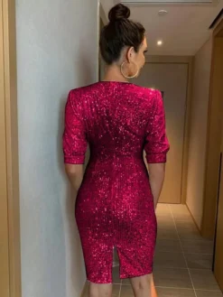 Women's Party Dress Sequin Dress Homecoming Dress Knee Length Dress Silver Black Pink Long Sleeve Solid Color Sequins Summer Spring Fall V Neck Fashion Party Winter Dress Wedding Guest Slim 2023 S M -Party Prom Dresses Sales Store umwoor1661840443877