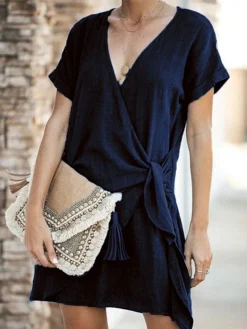 Women's Casual Dress Cotton Linen Dress Shift Dress Mini Dress Polyester Basic Classic Outdoor Daily Vacation V Neck V Neck Layered Short Sleeve Summer Spring 2023 Regular Fit Black Navy Blue Blue -Party Prom Dresses Sales Store unaphi1689661274735