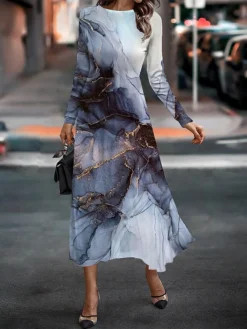 Women's Work Dress Casual Dress Semi Formal Dress Fashion Winter Dress Daily Midi Dress Print Crew Neck Long Sleeve Floral Ombre Slim Light Green Navy Blue Blue Fall Winter S M L XL XXL -Party Prom Dresses Sales Store uneuer1694750414427