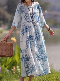 Women's Casual Dress Cotton Linen Dress Swing Dress Midi Dress Linen / Cotton Blend Sweet Style Modern Outdoor Daily Holiday Crew Neck Print 3/4 Length Sleeve Fall Winter Autumn 2023 Loose Fit Light 13 Women's Casual Dress Cotton Linen Dress Swing Dress Midi Dress Linen / Cotton Blend Sweet Style Modern Outdoor Daily Holiday Crew Neck Print 3/4 Length Sleeve Fall Winter Autumn 2023 Loose Fit Light -Party Prom Dresses Sales Store unpygs1693553152568