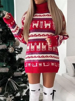 Women‘s Christmas Sweater Dress Jumper Dress Winter Dress Fashion Ugly Christmas Christmas Daily Vacation Going Out Turtleneck Long Sleeve Patchwork 2023 Loose Fit Red Gray S M L XL -Party Prom Dresses Sales Store untnln1694601204663