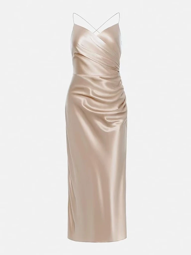 Women‘s Satin Dress Midi Dress Champagne Sleeveless Pure Color Split Ruched Spring Summer V Neck Stylish Elegant Sexy 2022 S M L XL 2 Women‘s Satin Dress Midi Dress Champagne Sleeveless Pure Color Split Ruched Spring Summer V Neck Stylish Elegant Sexy 2022 S M L XL - Image 2