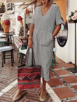 Women's Casual Dress Cotton Linen Dress Midi Dress Cotton Blend Fashion Modern Outdoor Daily V Neck Pocket Rolled Cuff Half Sleeve Summer Spring Fall 2023 Loose Fit Gray Striped S M L XL 2XL