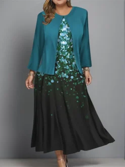 Women's Plus Size Two Piece Dress Set Casual Dress Swing Dress Outdoor Office Fashion Streetwear Print Midi Dress Crew Neck Long Sleeve Ombre Regular Fit Wine Navy Blue Blue Fall Winter L XL XXL 3XL -Party Prom Dresses Sales Store upfmdg1697681150106