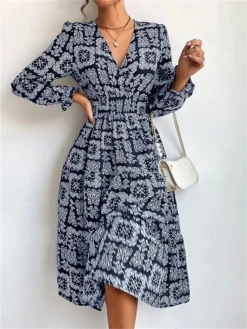 Women's Work Dress Casual Dress Swing Dress Fashion Office Daily Workfashion Midi Dress Print V Neck Long Sleeve Floral Regular Fit Black White Blue Fall Winter S M L XL -Party Prom Dresses Sales Store upopmf1695030984115