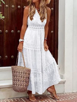 Women's Long Dress Maxi Dress Party Dress Casual Dress A Line Dress Polka Dot Modern Casual Outdoor Daily Holiday Lace Ruffle Sleeveless V Neck Dress Regular Fit White Summer Spring S M L XL XXL