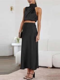 Women's Two Piece Dress Set Casual Dress Skirt Set Daily Holiday Fashion Sexy Ruched Long Dress Maxi Dress Stand Collar Sleeveless Plain Regular Fit Black White Light Green Summer Spring S M L XL -Party Prom Dresses Sales Store uqkayq1690857193120