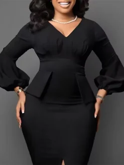 Women's Work Dress Sheath Dress Black Dress Fashion Puff Sleeve Midi Dress Ruched Split V Neck Long Sleeve Plain Regular Fit Black White Red Fall Winter S M L XL XXL -Party Prom Dresses Sales Store urmdmx1693206396891