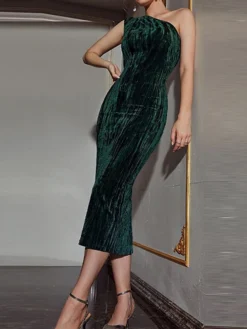 Women's Party Dress Velvet Dress Cocktail Dress Midi Dress Wine Dark Green Sleeveless Pure Color Split Spring Fall Winter One Shoulder Fashion Birthday Wedding Guest Vacation 2023 S M L XL -Party Prom Dresses Sales Store urnceb1692858599638