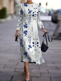 Women's Work Dress Casual Dress Semi Formal Dress Fashion Winter Dress Daily Midi Dress Print Crew Neck Long Sleeve Floral Slim Dark Brown Black White Fall Winter S M L XL XXL -Party Prom Dresses Sales Store urufwu1694573983037