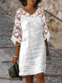 Women's Cotton Linen Dress Casual Dress Shift Dress Midi Dress Cotton Blend Fashion Modern Outdoor Daily Vacation V Neck Lace 3/4 Length Sleeve Summer Spring Fall 2023 Loose Fit White Plain S M L XL