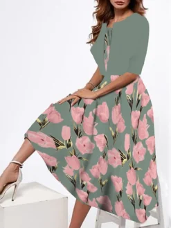 Women's Two Piece Dress Set Casual Dress Tank Dress Outdoor Daily Fashion Streetwear Print Midi Dress Strap Half Sleeve Floral Loose Fit Pink Dark Pink Peach Summer Spring S M L XL XXL -Party Prom Dresses Sales Store urxnsy1687319834348