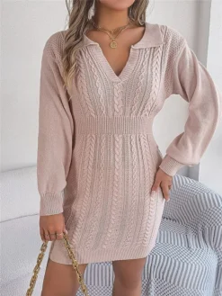 Women's Sweater Dress Winter Dress Jumper Dress Mini Dress Warm Pure Color Outdoor Casual Holiday Vacation V Neck Long Sleeve 2023 Regular Fit Pink Burgundy Green S M L -Party Prom Dresses Sales Store usfhzu1696926500852