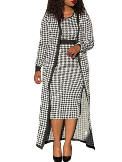 Women's Two Piece Dress Set Casual Dress Sheath Dress Daily Going Out Streetwear Modern Print Midi Dress Crew Neck Long Sleeve Houndstooth Regular Fit Black Fall Winter S M L XL XXL -Party Prom Dresses Sales Store usjgjw1695194335911