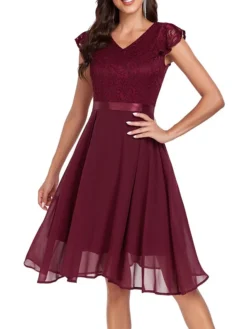 Women's Party Dress Lace Dress Cocktail Dress Midi Dress Pink Wine Navy Blue Short Sleeve Pure Color Lace Spring Fall Winter V Neck Fashion Winter Dress Wedding Guest Vacation 2023 S M L XL XXL -Party Prom Dresses Sales Store usrkag1692179075759