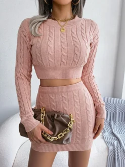Women's Two Piece Dress Set Casual Dress Sweater Dress Daily Holiday Fashion Streetwear Ribbed Mini Dress Crew Neck Long Sleeve Plain Slim White Pink Khaki Fall Winter S M L -Party Prom Dresses Sales Store usunjy1695030775104