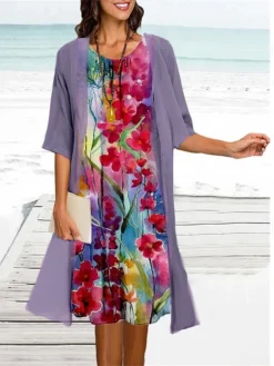 Women's Two Piece Dress Set Casual Dress Print Dress Outdoor Daily Fashion Elegant Print Midi Dress Crew Neck 3/4 Length Sleeve Floral Regular Fit Light Green Light Purple Green Summer Spring S M L -Party Prom Dresses Sales Store usvagi1684477264325