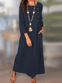 Women's Casual Dress Cotton Linen Dress Shift Dress Maxi Long Dress Cotton Blend Fashion Classic Outdoor Daily Vacation Crew Neck Button Pocket Long Sleeve Summer Spring Fall 2023 Loose Fit ArmyGreen -Party Prom Dresses Sales Store uszrfg1678262922961