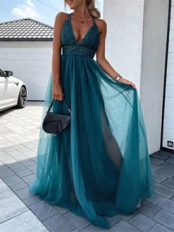 Women's Prom Dress Party Dress Lace Dress Long Dress Maxi Dress Pink Green Sleeveless Pure Color Lace Summer Spring Fall Spaghetti Strap Fashion Birthday Evening Party Wedding Guest 2023 S M L XL -Party Prom Dresses Sales Store utfypl1677036832974