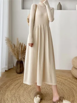Women's Sweater Dress Jumper Dress Casual Dress Midi Dress Fashion Plain Outdoor Daily Going Out Turtleneck Long Sleeve 2023 Loose Fit Black Apricot One Size -Party Prom Dresses Sales Store utjxww1695630303172