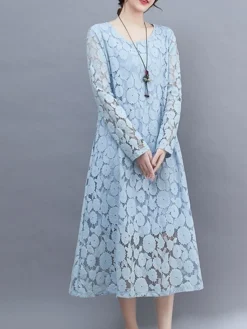 Women's Work Dress Lace Dress Black Dress Fashion Midi Dress Lace Crew Neck Long Sleeve Plain Loose Fit Black White Pink Fall Winter M L XL XXL 3XL -Party Prom Dresses Sales Store utzbgl1693300607164