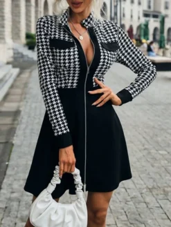Women's A Line Formal Dress Plaid Formal Dress Tartan Formal Dress Mini Formal Dress Black Long Sleeve Houndstooth Zipper Winter Fall Autumn Shirt Collar Fashion Winter Formal Dress Weekend Fall -Party Prom Dresses Sales Store uvcakr1663582874338