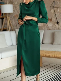 Women's Work Dress Satin Dress Semi Formal Dress Fashion Long Dress Maxi Dress Split Stand Collar Long Sleeve Plain Regular Fit Black Blue Sky Blue Fall Winter S M L XL -Party Prom Dresses Sales Store uviaoh1692761651097