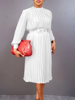 Women's Work Dress Casual Dress Black Dress Fashion Office Daily Workfashion Midi Dress Lace Up Pleated Crew Neck Long Sleeve Plain Regular Fit Black White Red Fall Winter S M L XL XXL -Party Prom Dresses Sales Store uvpdon1695645191418