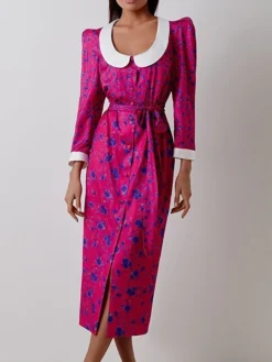 Women's Work Dress Casual Dress Shift Dress Fashion Winter Dress Daily Midi Dress Lace Up Patchwork Shirt Collar Long Sleeve Floral Color Block Regular Fit Pink Red Fall Winter S M L -Party Prom Dresses Sales Store uwfnmg1695645256230