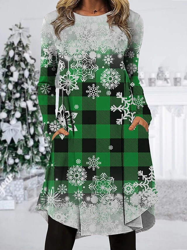 Women's Christmas Work Dress Casual Dress Fashion Winter DressDaily Midi Dress Pocket Print Crew Neck Long Sleeve Plaid Snowflake Regular Fit Wine Brown Green Fall Winter S M L XL XXL 3 Women's Christmas Work Dress Casual Dress Fashion Winter DressDaily Midi Dress Pocket Print Crew Neck Long Sleeve Plaid Snowflake Regular Fit Wine Brown Green Fall Winter S M L XL XXL - Image 3