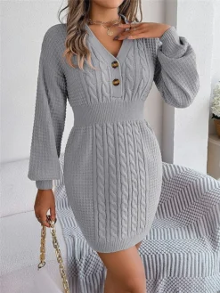 Women's Sweater Dress Winter Dress Jumper Dress Mini Dress Active Pure Color Outdoor Casual Holiday Vacation V Neck Long Sleeve Button 2023 Regular Fit White Pink Green S M L -Party Prom Dresses Sales Store uwnwxy1696926543408