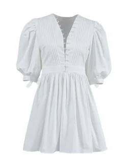 Women's Work Dress Casual Dress White Dress Fashion Daily Puff Sleeve Mini Dress Ruched Button V Neck 3/4 Length Sleeve Plain Regular Fit White Fall Winter S M L -Party Prom Dresses Sales Store uwzbyb1695645261149