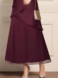 Women's Work Dress Sheath Dress Chiffon Dress Fashion Long Dress Maxi Dress Ruched Layered Crew Neck Half Sleeve Plain Loose Fit Wine Summer Spring S M L XL XXL -Party Prom Dresses Sales Store uxafpb1690944847949