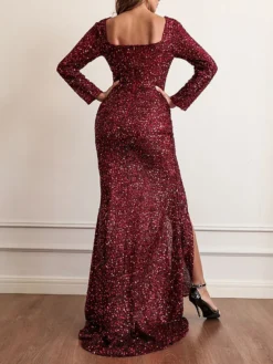 Women's Prom Dress Party Dress Sequin Dress Long Dress Maxi Dress Wine Long Sleeve Pure Color Sequins Fall Winter Autumn V Neck Fashion Winter Dress Wedding Guest Evening Party 2023 S M L XL XXL -Party Prom Dresses Sales Store uxgxne1696489809167