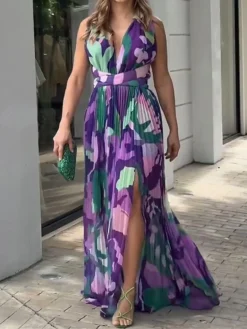 Women's Prom Dress Party Dress Swing Dress Long Dress Maxi Dress Purple Sleeveless Color Block Pleated Spring Fall Winter V Neck Fashion Wedding Guest Birthday Evening Party 2023 S M L XL -Party Prom Dresses Sales Store uxmqlb1695205491732