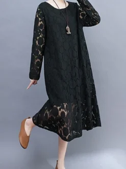 Women's Work Dress Lace Dress Black Dress Fashion Midi Dress Lace Crew Neck Long Sleeve Plain Loose Fit Black White Pink Fall Winter M L XL XXL 3XL -Party Prom Dresses Sales Store uxrewp1693300609479
