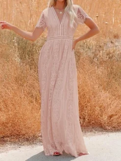 Women's Party Dress Lace Dress White Dress Long Dress Maxi Dress White Pink Half Sleeve Pure Color Lace Summer Spring Fall V Neck Gothic Party Spring Dress 2022 S M L XL XXL -Party Prom Dresses Sales Store uxtaxu1646820793893