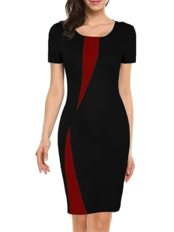 Women's Work Dress Sheath Dress Semi Formal Dress Fashion Midi Dress Patchwork Crew Neck Short Sleeve Color Block Slim Black White Wine Summer Spring S M L XL XXL -Party Prom Dresses Sales Store uybjbm1679311686864