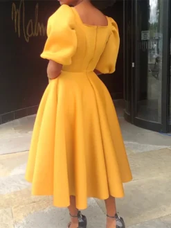Women‘s Semi Formal Party Dress Wedding Guest Dress Satin Dress Swing Dress Midi Dress Yellow Blue Orange Half Sleeve Pure Color Ruched Winter Fall Square Neck 2023 S M L XL XXL 3XL -Party Prom Dresses Sales Store uyidww1660640931825