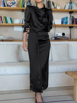 Women's Work Dress Satin Dress Semi Formal Dress Fashion Long Dress Maxi Dress Split Stand Collar Long Sleeve Plain Regular Fit Black Blue Sky Blue Fall Winter S M L XL -Party Prom Dresses Sales Store uyqgud1692761654682