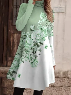 Women's Work Dress Casual Dress Fashion Winter Dress Daily Mini Dress Print Turtleneck Long Sleeve Floral Regular Fit Pink Navy Blue Blue Fall Winter S M L XL XXL -Party Prom Dresses Sales Store uyzicy1694156912520