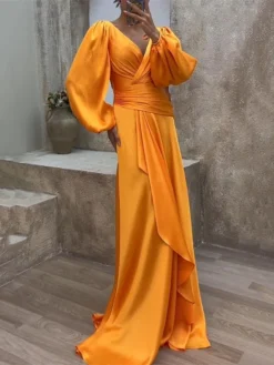 Women's Prom Dress Party Dress Satin Dress Long Dress Maxi Dress Orange Long Sleeve Pure Color Layered Spring Fall Winter V Neck Fashion Winter Dress Evening Party Wedding Guest 2023 S M L XL XXL 3XL