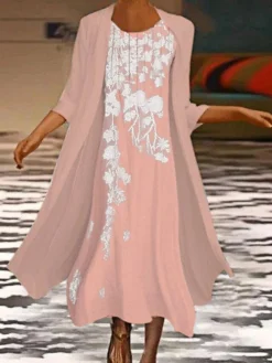 Women's Two Piece Dress Set Casual Dress Two Piece Dress Outdoor Daily Fashion Streetwear Print Midi Dress Crew Neck 3/4 Length Sleeve Floral Regular Fit Pink Blue Green Summer Spring S M L XL XXL -Party Prom Dresses Sales Store uzhhfy1694517222476