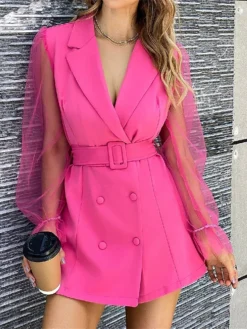 Women's Work Dress Blazer Dress Sheath Dress Fashion Office Daily Workfashion Mesh Sleeve Mini Dress Mesh Button Shirt Collar Long Sleeve Plain Regular Fit Black Dark Green Green Fall Winter S M L