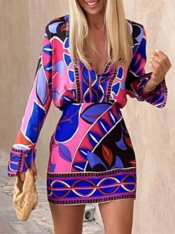 Women's Two Piece Dress Set Casual Dress Sheath Dress Daily Going Out Fashion Streetwear Print Mini Dress V Neck Long Sleeve Geometric Color Block Loose Fit Black Red Blue Spring Fall S M L XL XXL -Party Prom Dresses Sales Store uzrmjt1692170943896