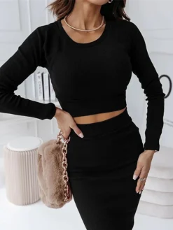Women's Two Piece Dress Set Casual Dress Skirt Set Outdoor Daily Fashion Sexy Ribbed Midi Dress Crew Neck Long Sleeve Plain Regular Fit Black Wine Green Fall Winter S M L XL -Party Prom Dresses Sales Store uztzvn1695268227650